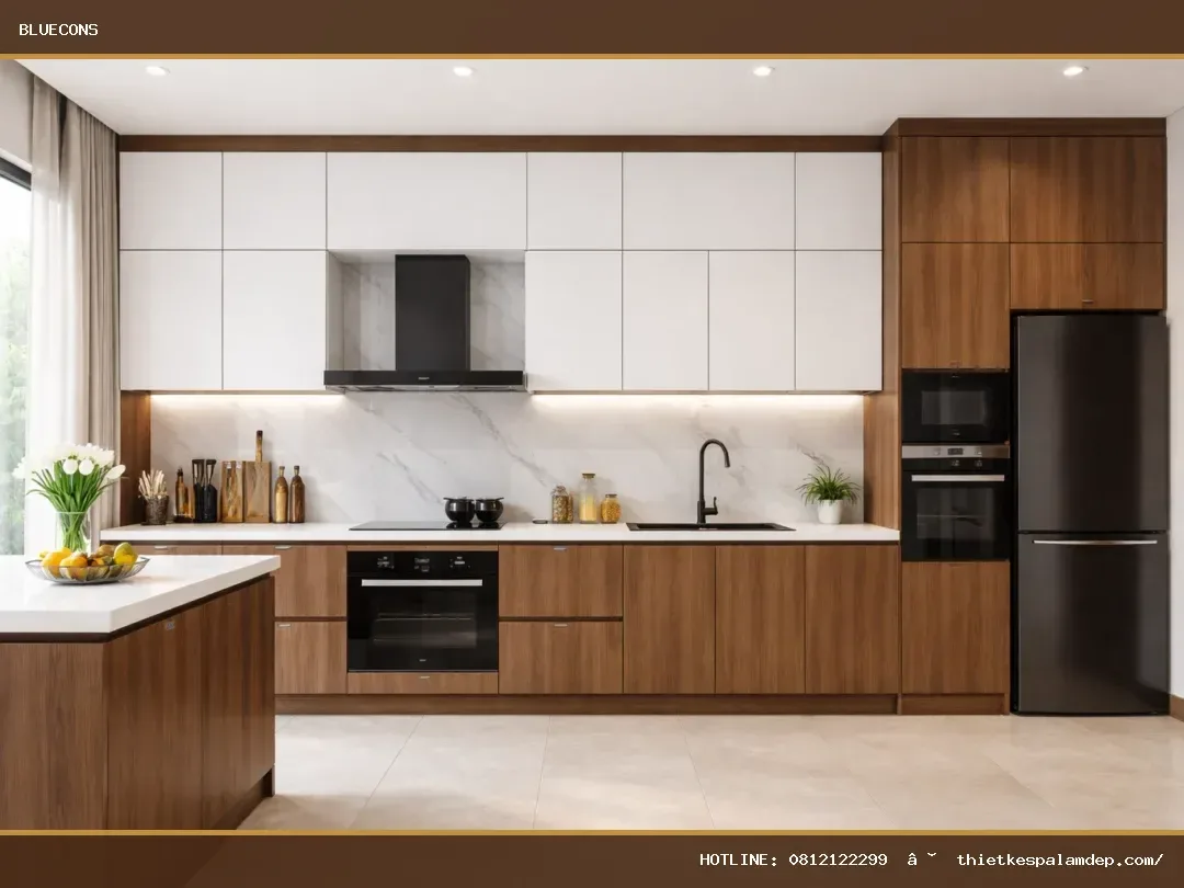 Hệ Tủ Bếp Gỗ MDF Cao Cấp TB009 – ảnh minh họa Bluecons