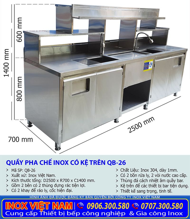 Kích thước quầy bar trà sữa inox