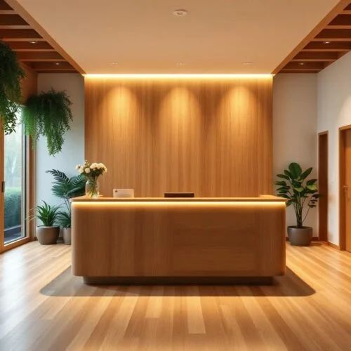 Quầy lễ tân tone gỗ ấm