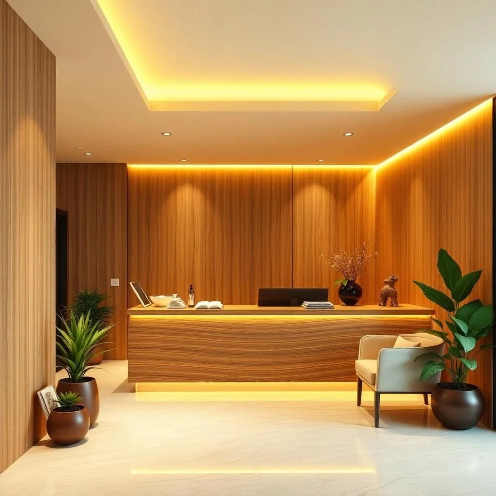 Quầy lễ tân tone gỗ ấm