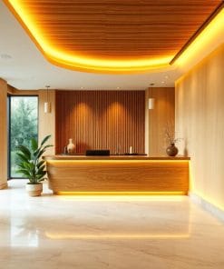 Quầy lễ tân tone gỗ ấm