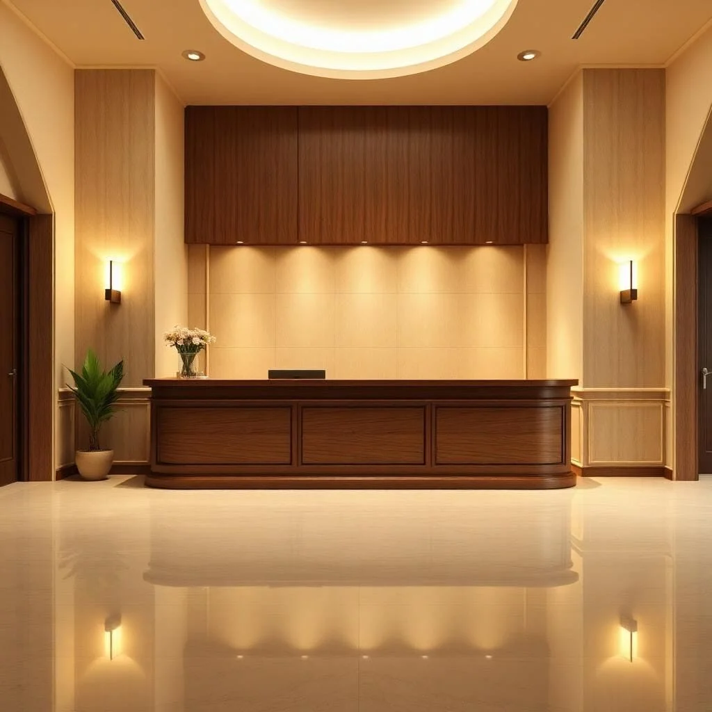 Quầy lễ tân tone gỗ ấm