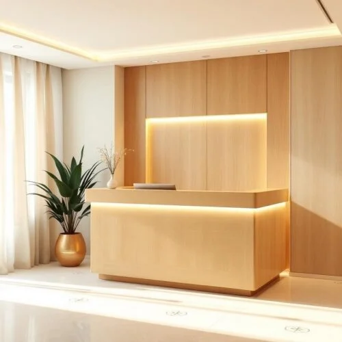 Quầy lễ tân tone gỗ ấm