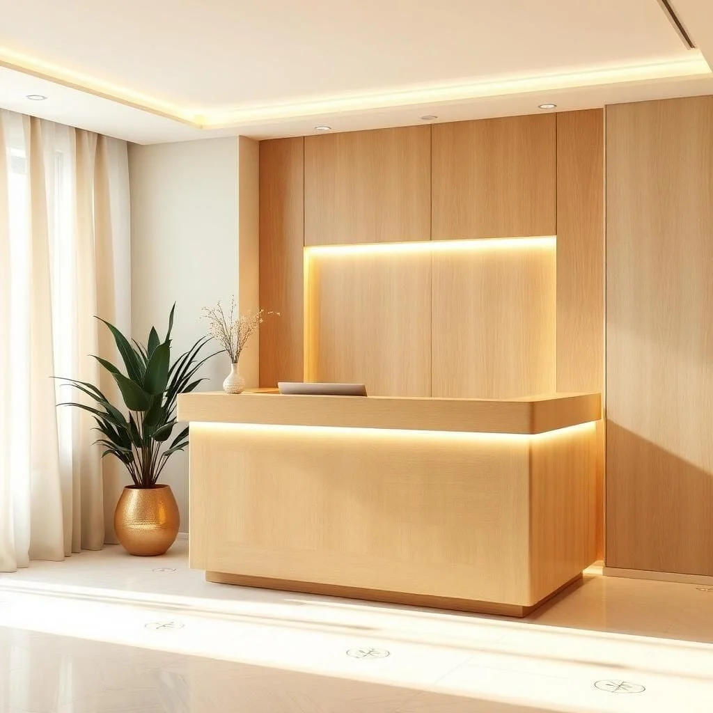 Quầy lễ tân tone gỗ ấm