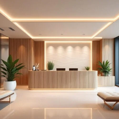 Quầy lễ tân tone be sáng