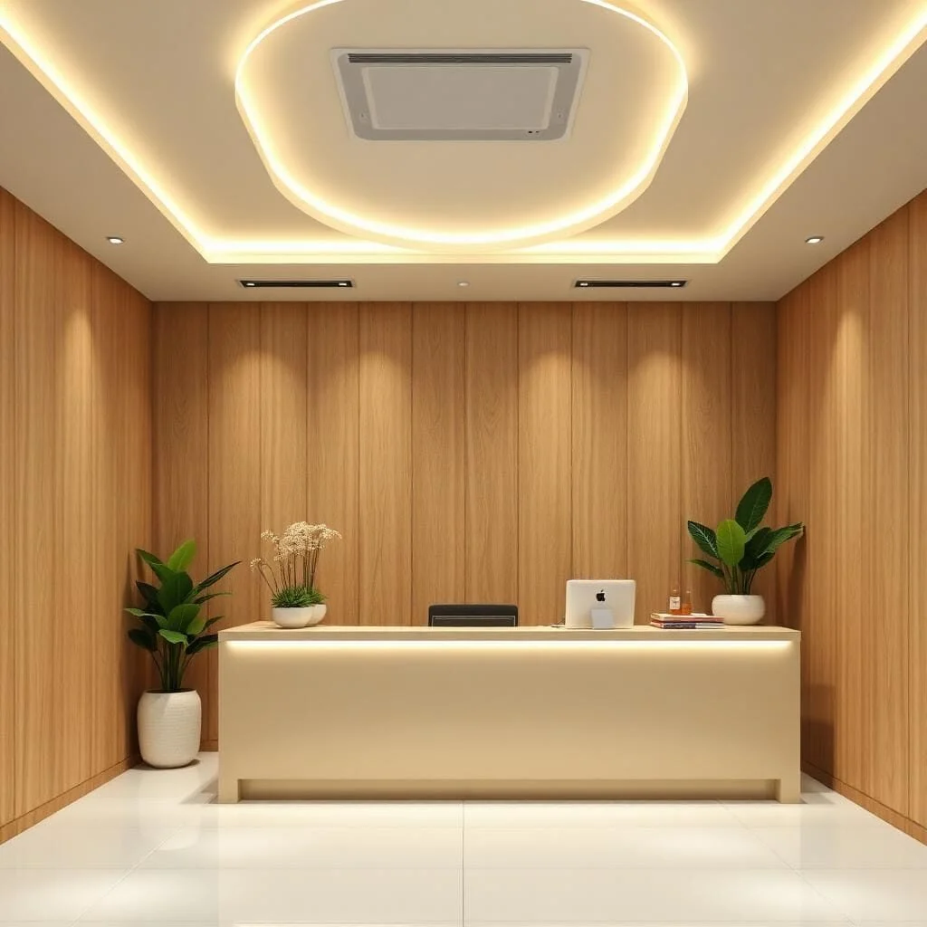 Quầy lễ tân tone be sáng