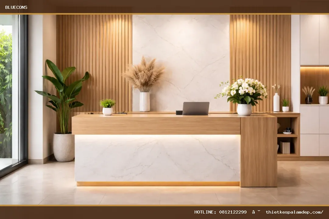 Quầy lễ tân bằng gỗ công nghiệp MDF – ảnh minh họa Bluecons