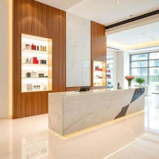 Quầy lễ tân có kệ trưng bày