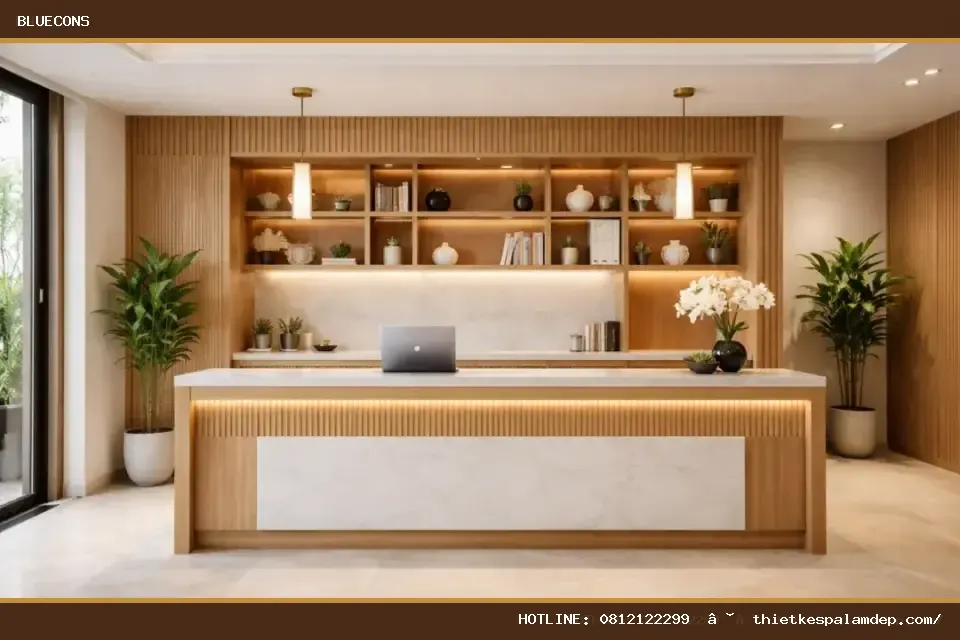 Quầy lễ tân có tủ kệ – hình ảnh Bluecons