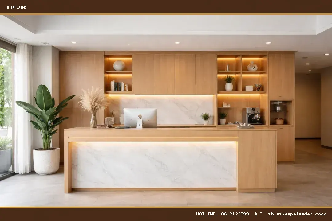 Quầy lễ tân có tủ kệ – hình ảnh Bluecons