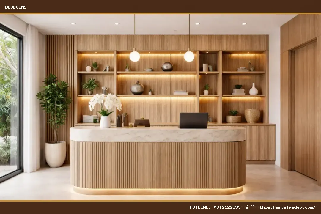 Quầy lễ tân có tủ kệ – hình ảnh Bluecons