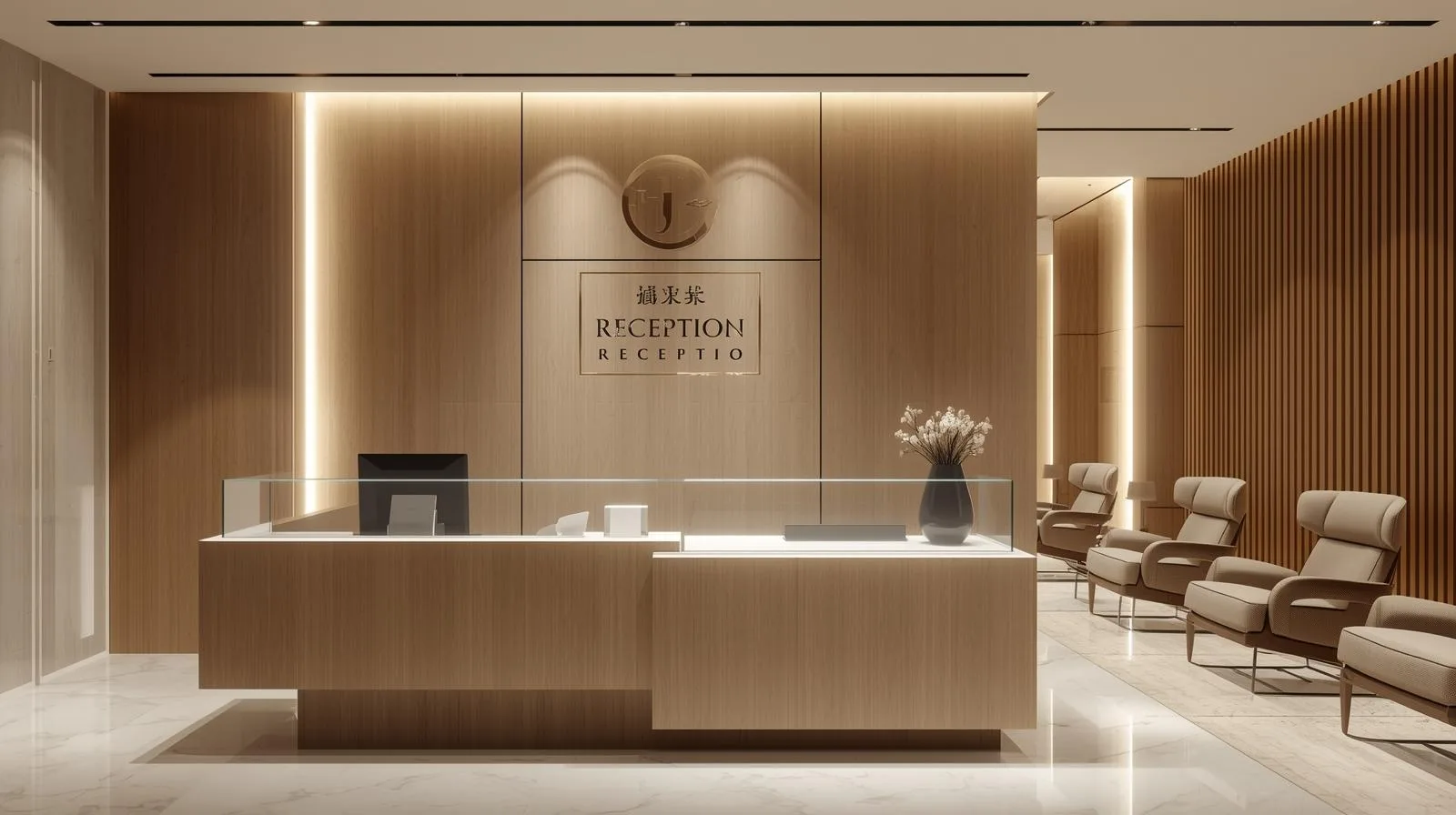 Quầy lễ tân gỗ kết hợp kính