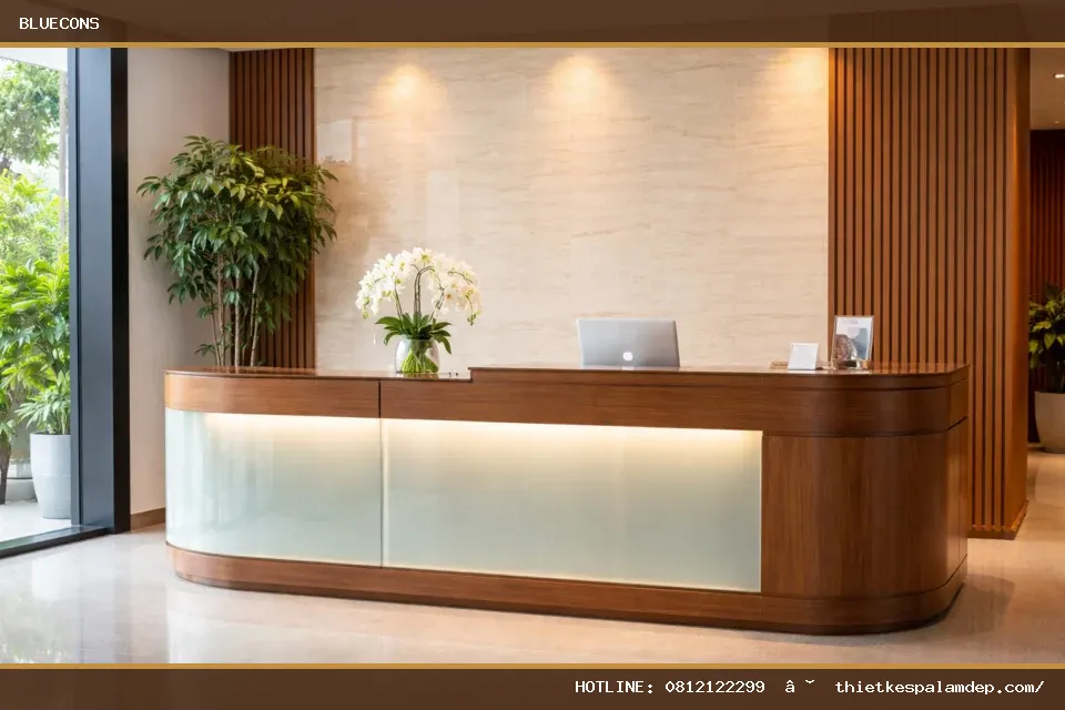 Quầy lễ tân gỗ kết hợp kính – ảnh minh họa Bluecons