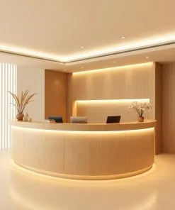 Office reception counter made of HDF laminate wood, light brown tone, clean rectangular design, company logo behind desk, bright ceiling LED, polished stone floor, modern waiting chairs, photorealistic render.