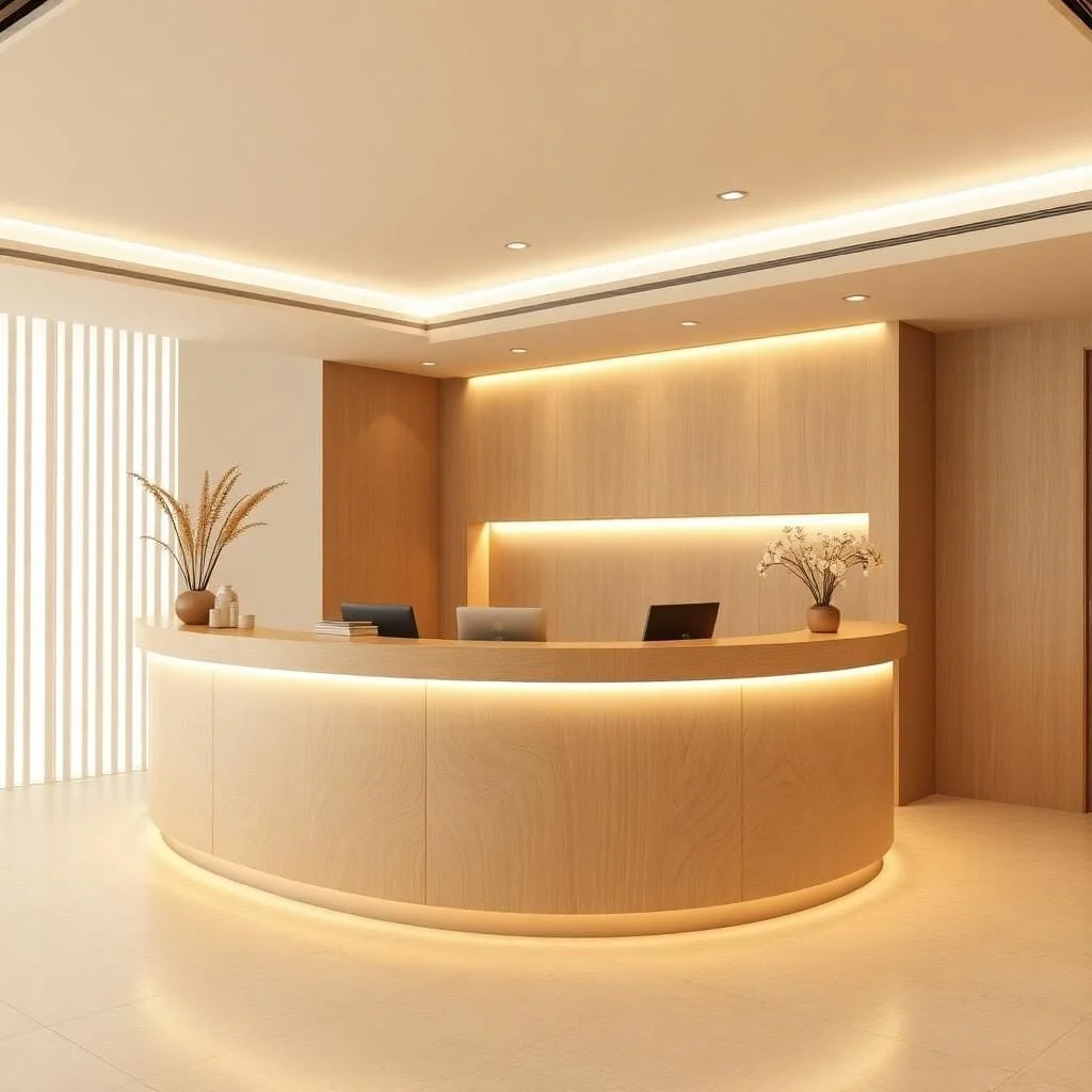 Office reception counter made of HDF laminate wood, light brown tone, clean rectangular design, company logo behind desk, bright ceiling LED, polished stone floor, modern waiting chairs, photorealistic render.