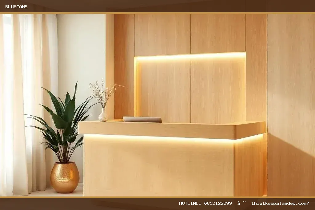 Quầy lễ tân tone gỗ ấm – hình ảnh Bluecons