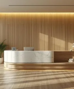 Quầy lễ tân tone trắng nâu tự nhiên