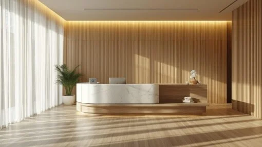 Quầy lễ tân tone trắng nâu tự nhiên
