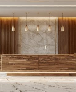 Quầy lễ tân tone trắng nâu tự nhiên