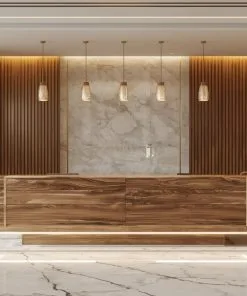 Quầy lễ tân tone trắng nâu tự nhiên