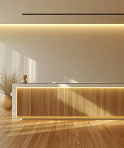 Quầy lễ tân tone trắng nâu tự nhiên