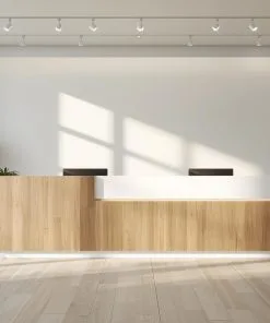 Quầy lễ tân tone trắng nâu tự nhiên