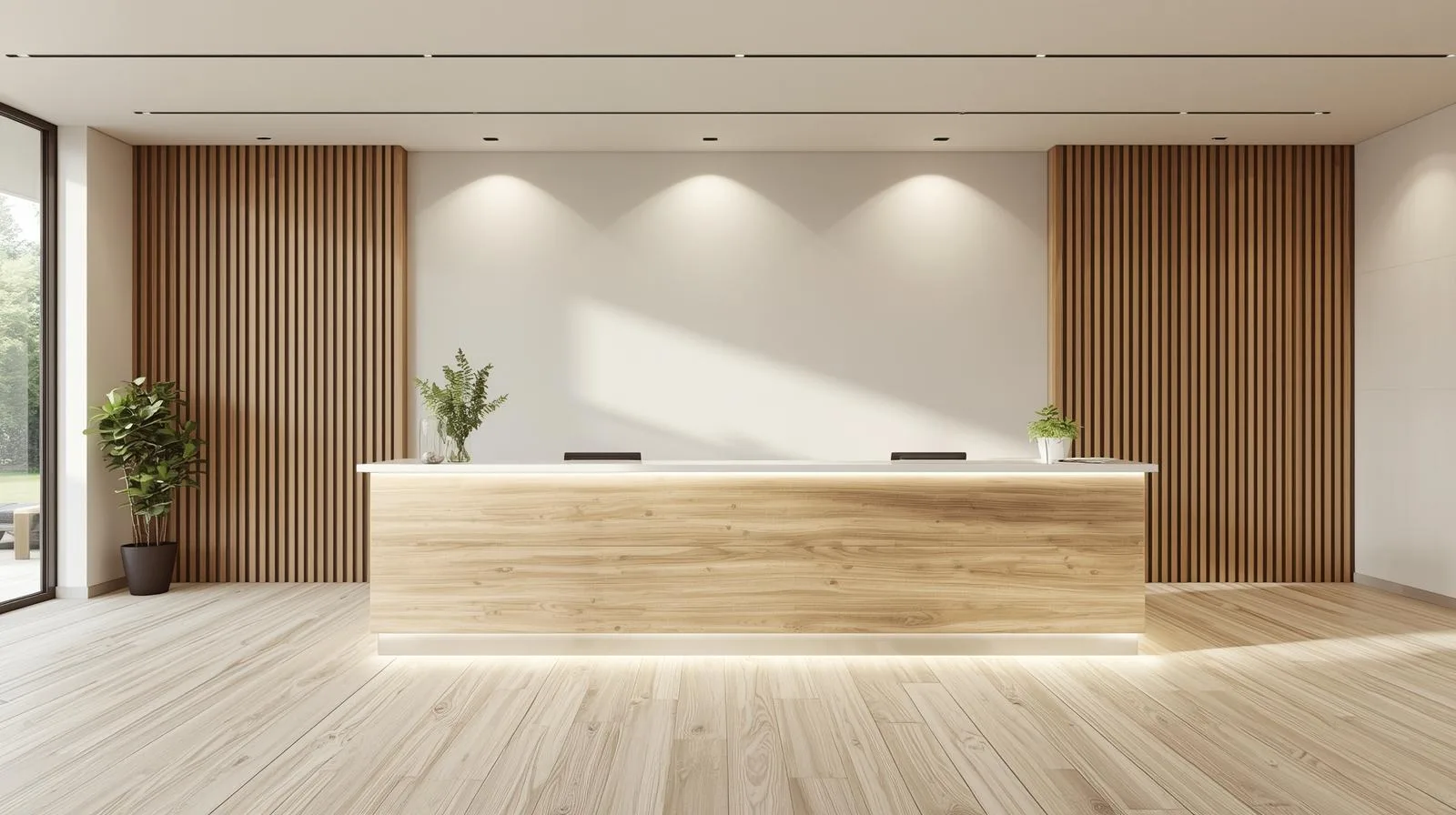 Quầy lễ tân tone trắng nâu tự nhiên