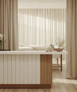 Quầy lễ tân tone trắng nâu tự nhiên