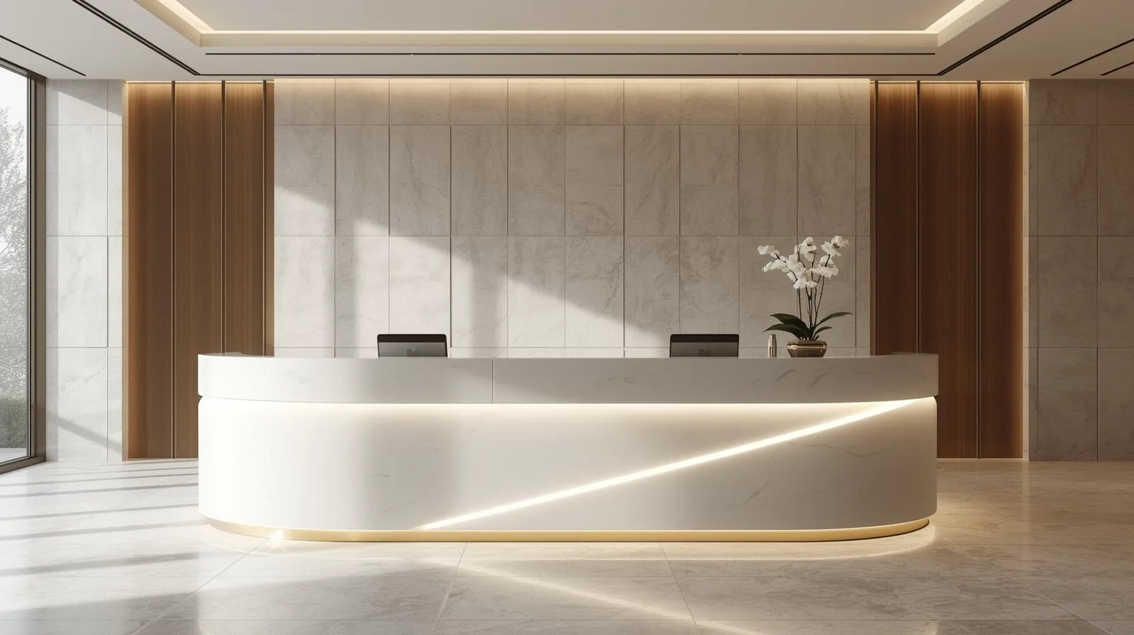 Quầy lễ tân tone trắng sang trọng