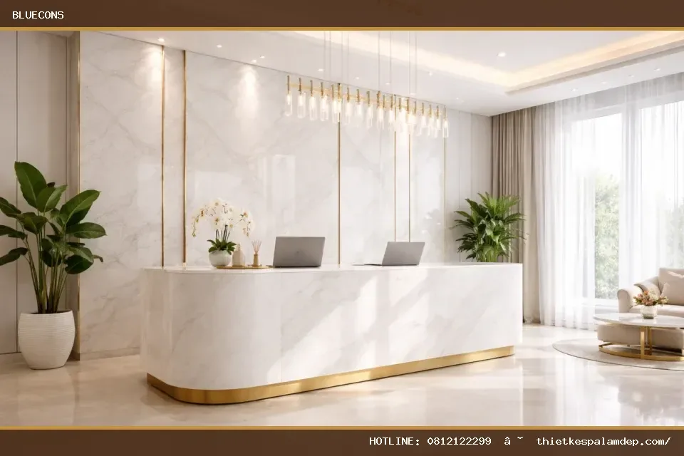 Quầy lễ tân tone trắng sang trọng – ảnh minh họa Bluecons