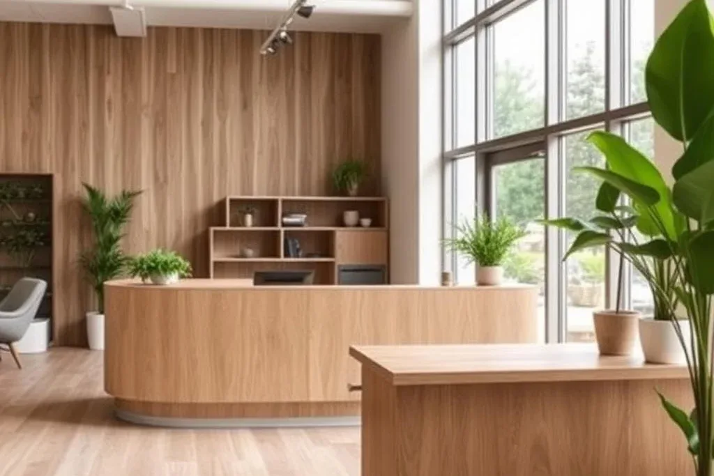 quầy thu ngân gỗ công nghiệp MDF – hình ảnh Bluecons