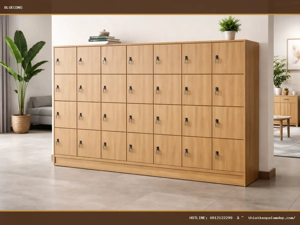 Tủ Locker Gỗ Nhiều Ngăn Có Khóa TLK001 – ảnh minh họa Bluecons