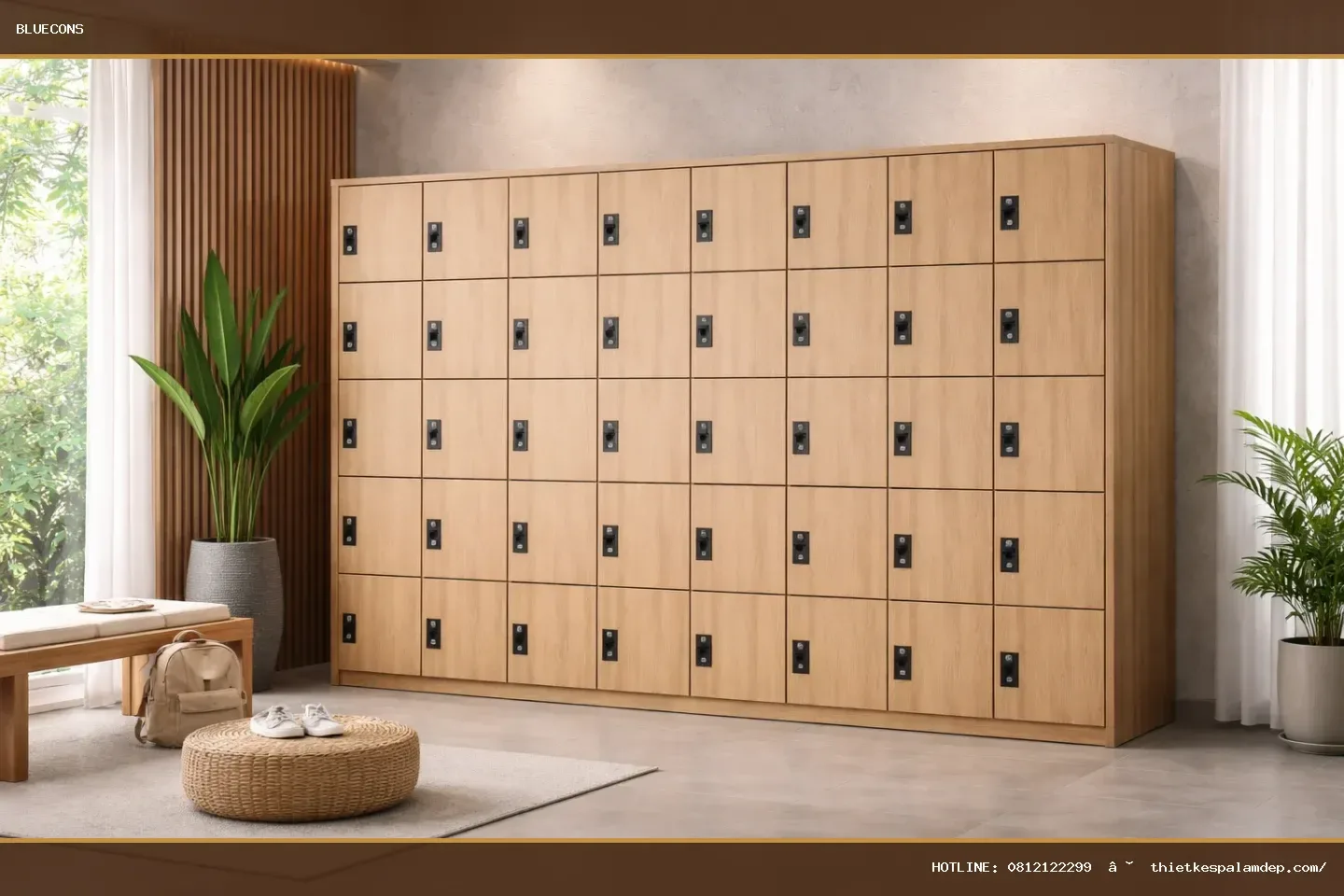 Tủ Locker Gỗ Nhiều Ngăn Có Khóa TLK001 – ảnh minh họa Bluecons