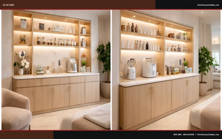 Thiết kế tủ mỹ phẩm có dây điện gọn cho khu trưng bày spa